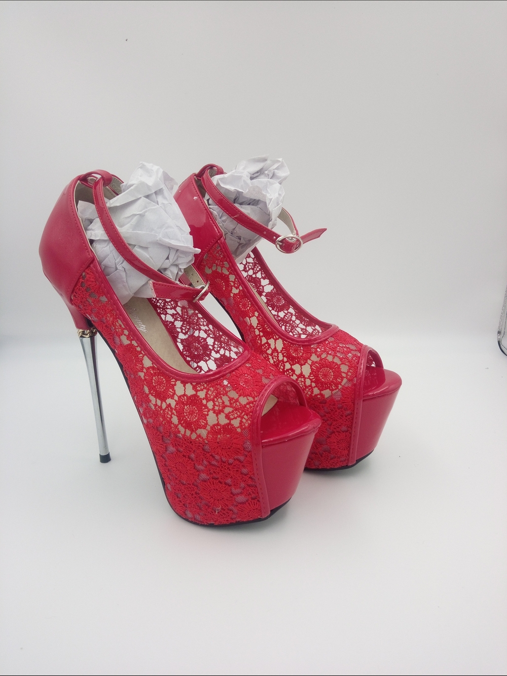Red Lace Platform Peep-Toe Stiletto Heels with Ankle Strap